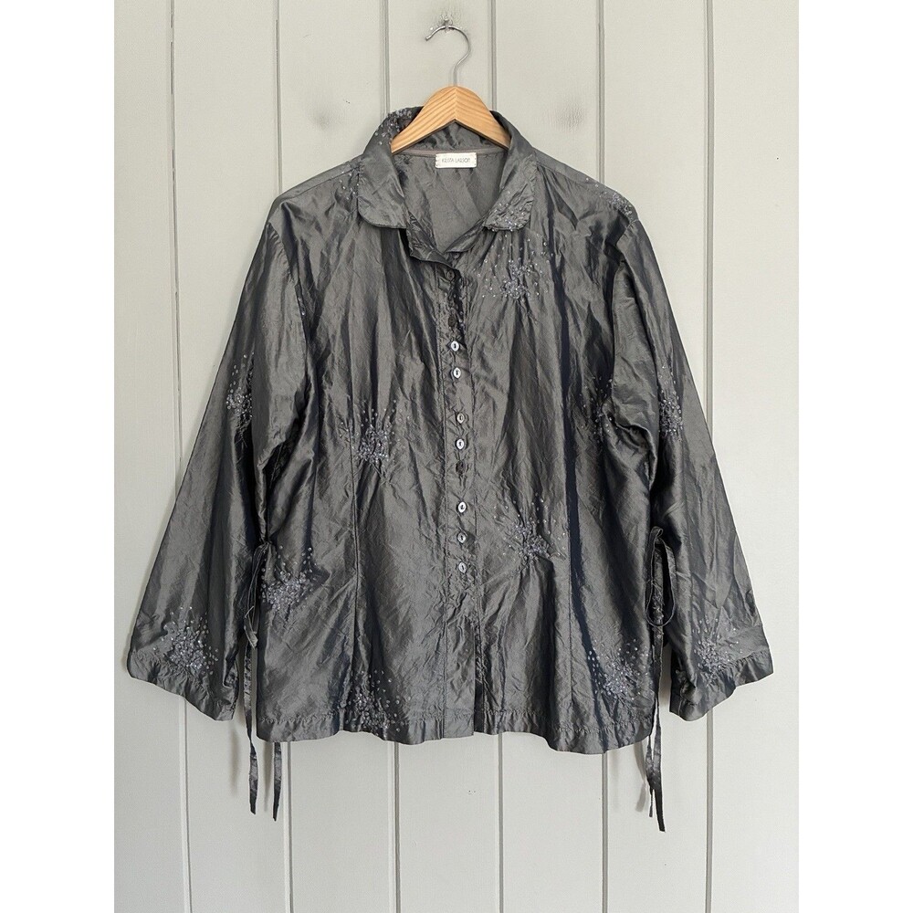 Krista Larson Silk Button Up Blouse One Size 100% Silk Beaded Tie Collar L/S